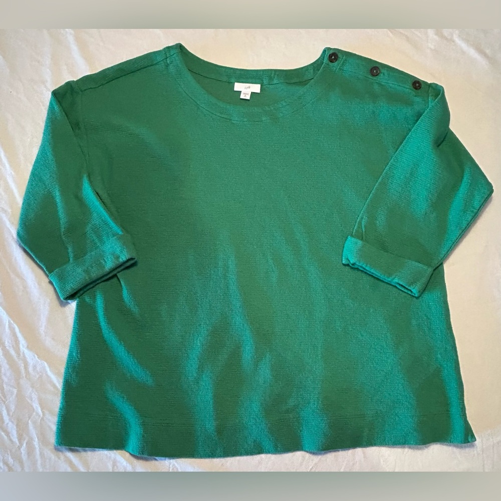 J Jill Green Boat Neck 3/4 Sleeve Button Detail Cotton Pullover Top Women’s XLT